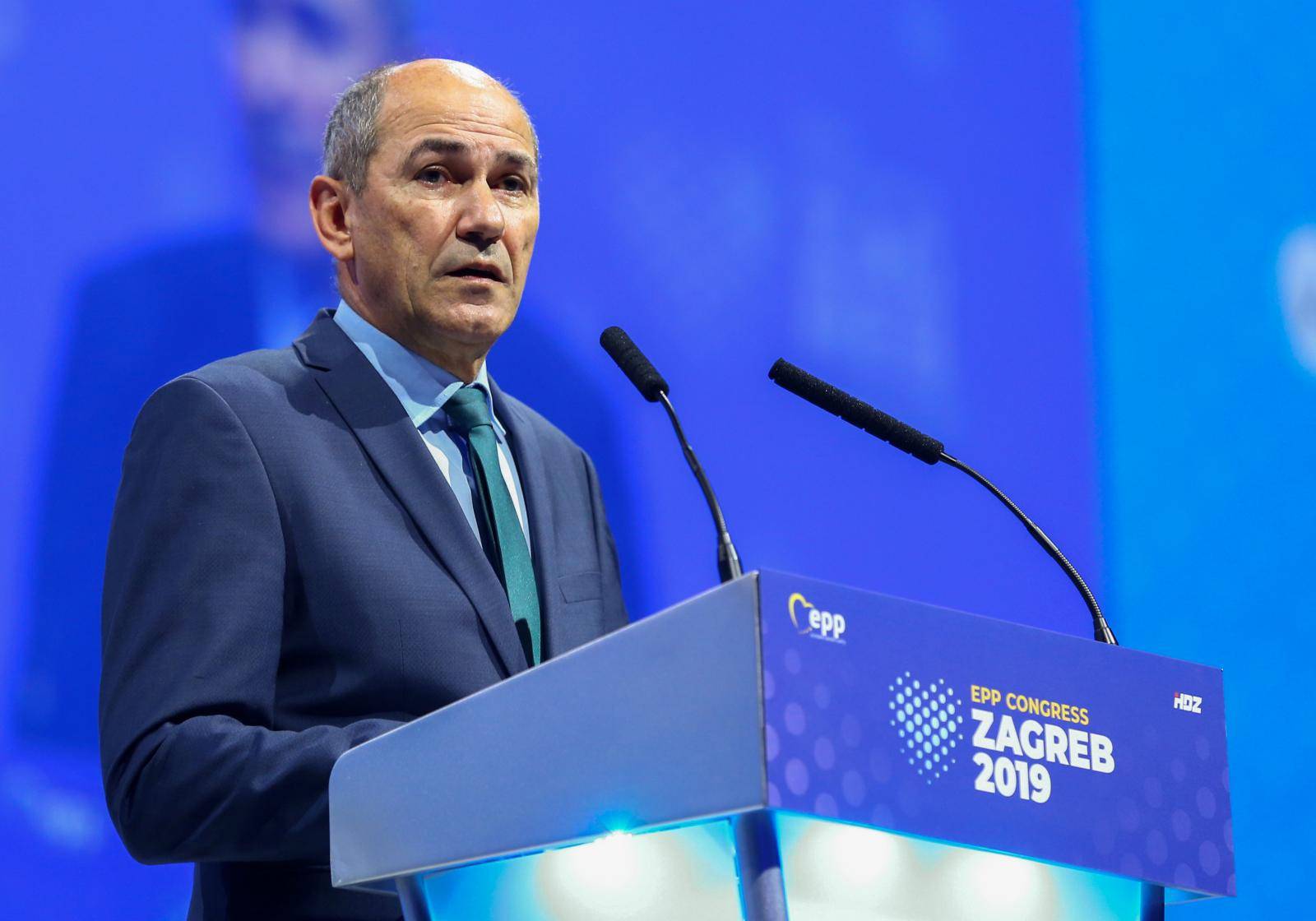 FILE PHOTO: Slovenian politician Janez Jansa speaks during the EPP congress in Arena Zagreb hall in Zagreb