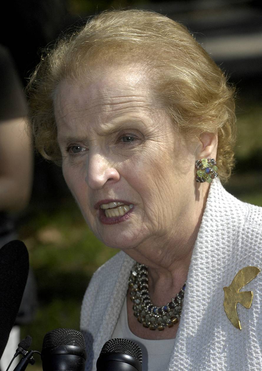 FILE PHOTO: Former US Secretary of State Madeleine Albright speaks at the Save Darfur rally in New York