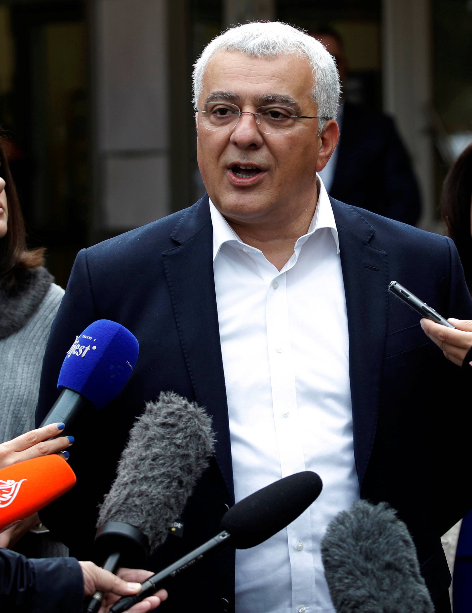 Andrija Mandic, leader of opposition Democratic Front alliance, speaks to the media after voting in Podgorica