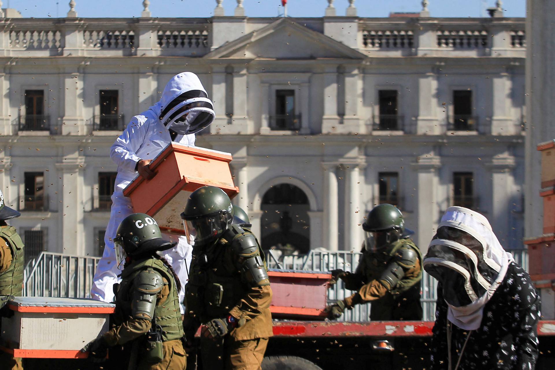 Beekeepers take part in a protest with honeycombs full of bees in front of the Chilean presidential palace in Santiago