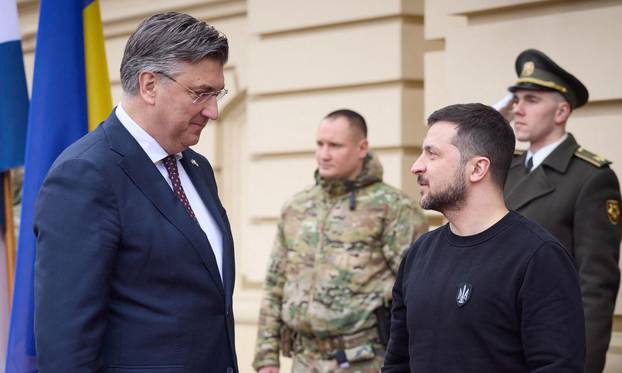 Ukraine's President Zelenskiy welcomes Croatian PM Plenkovic before a meeting in Kyiv