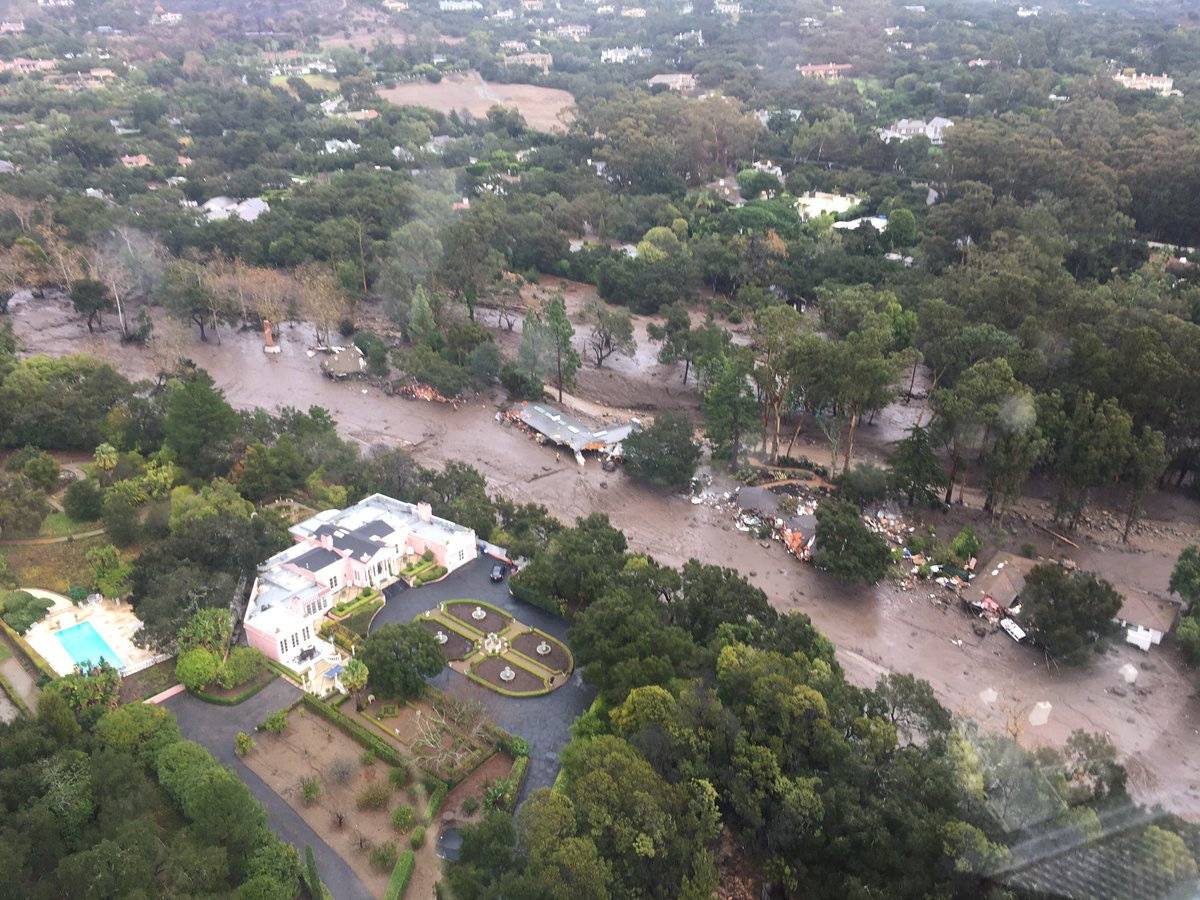 An aerial view from a Ventura County Sheriff helicopter shows a site damaged by mudslide in Montecito, California