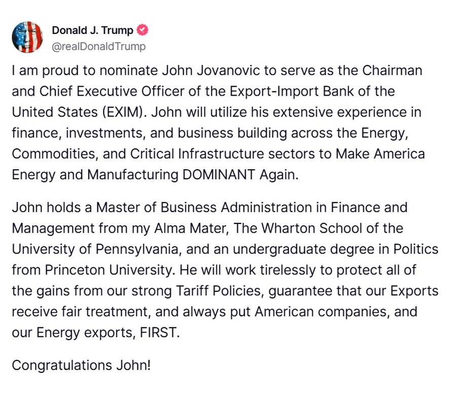 Trump nominirao Srbina iz Chicaga na čelo američke državne banke za uvoz i izvoz