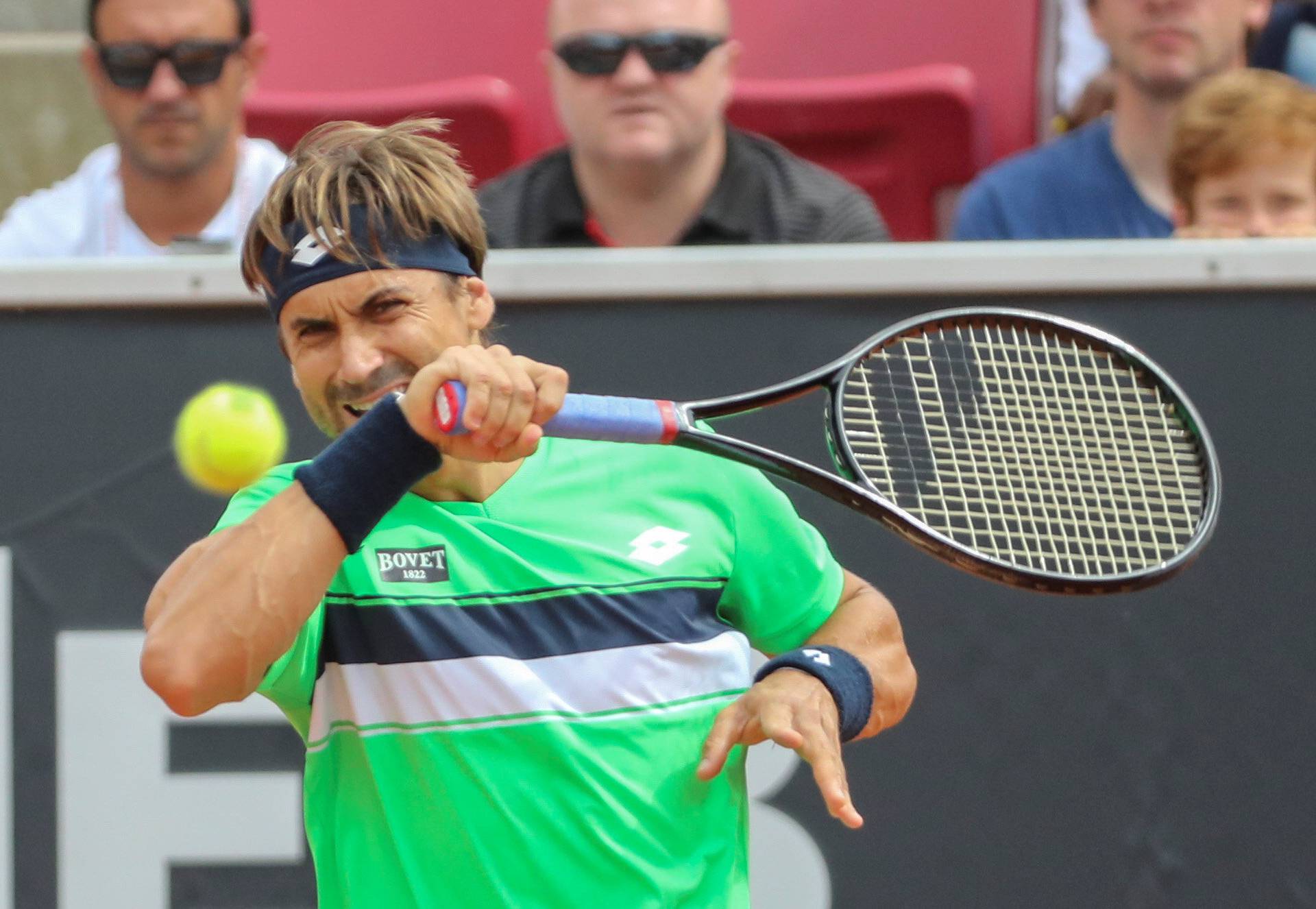 David Ferrer of Spain in action in the semifinal match against Fernando Verdasco, also of Spain, during the ATP tennis tournament Swedish Open in Bastad
