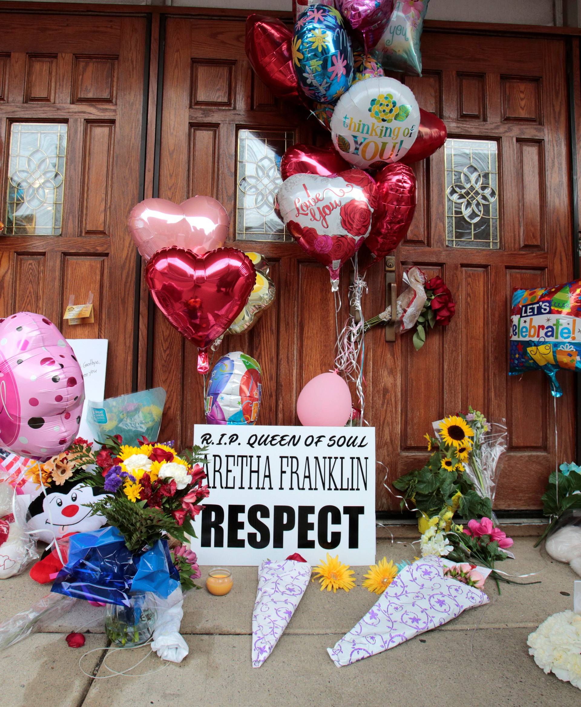 A memorial in memory of singer Aretha Franklin is seen outside New Bethel Baptist Church in Detroit