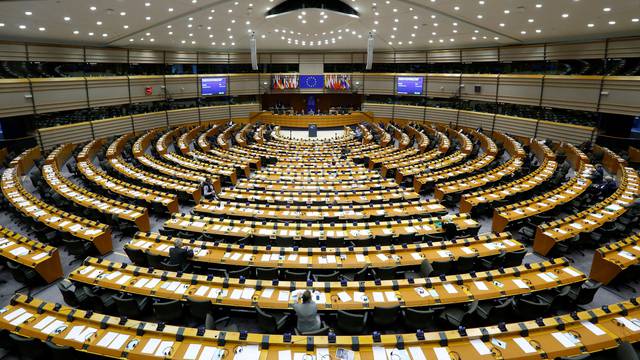 FILE PHOTO: A general view of the hemicycle where plenary sessions are taking place at the European Parliament in Brussels