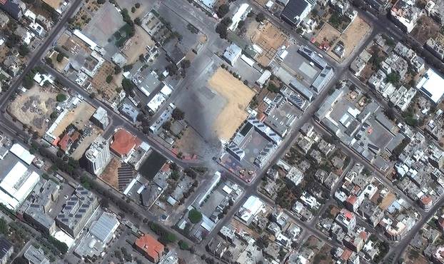 A satellite view shows buildings destroyed by airstrikes in Gaza City