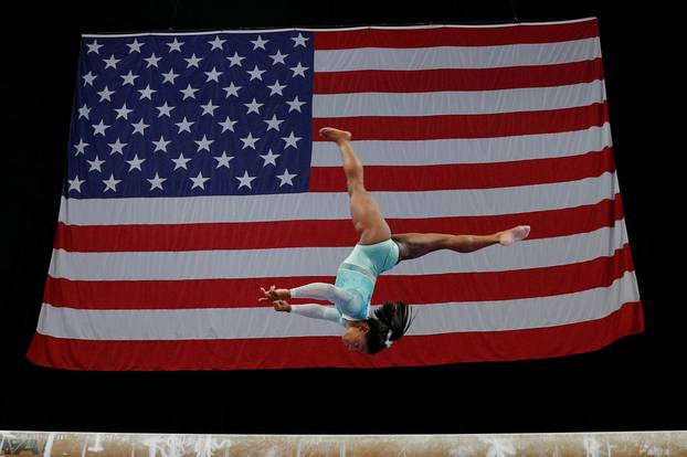 FILE PHOTO: Simone Biles warms up at the U.S. Gymnastics Championships in Boston