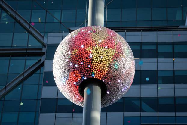 A newly created New Year's eve ball is raised for the first time above One Times Square ahead of the New Year's Eve ball drop in New York