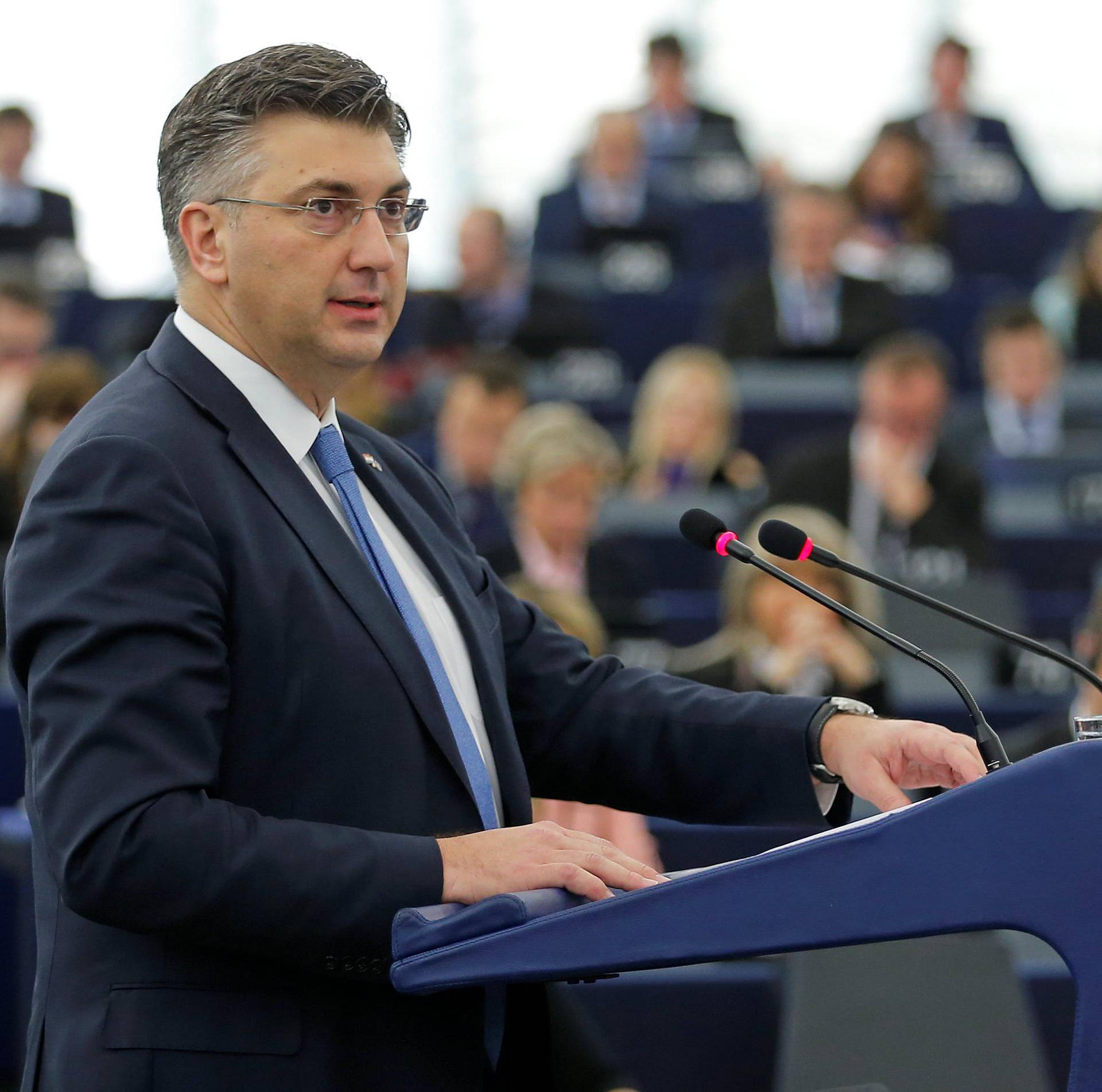 Croatia's Prime Minister Plenkovic delivers a speech during a debate on the Future of Europe at the European Parliament in Strasbourg