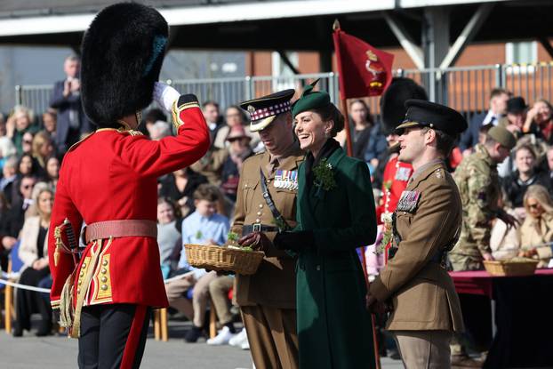 Britain's Princess Kate attends the Irish Guards' St. Patrick's Day Parade at Mons Barracks, in Aldershot