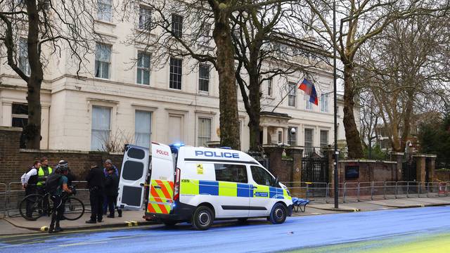 Protest group 'Led by Donkeys' demonstrate outside the Russian Embassy in London