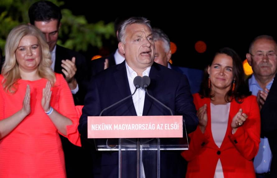 Hungarian Prime Minister Viktor Orban speaks following the preliminary results of the European Parliament election in Budapest
