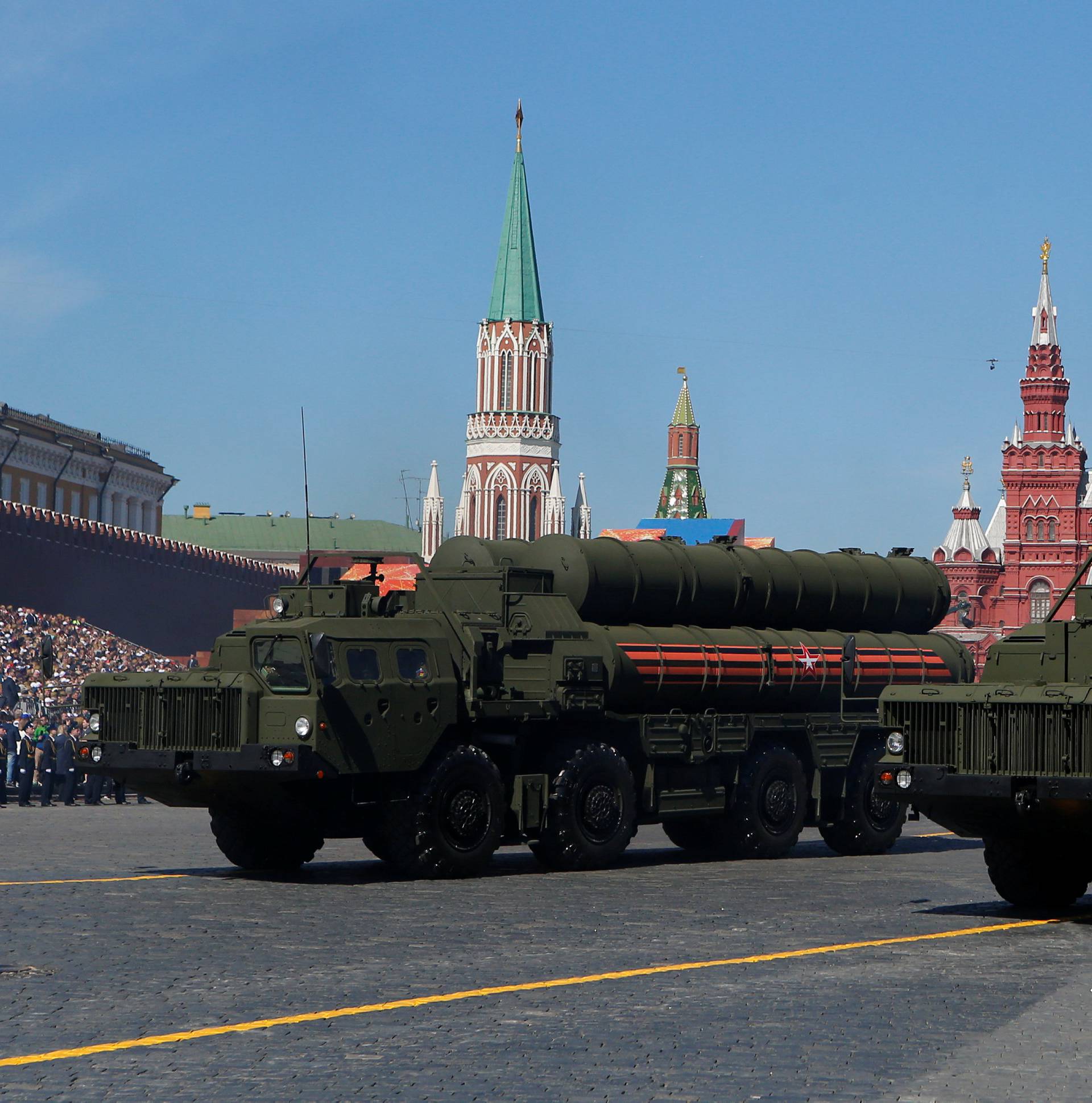 Russian servicemen drive S-400 missile air defence systems during the Victory Day parade at the Red Square in Moscow