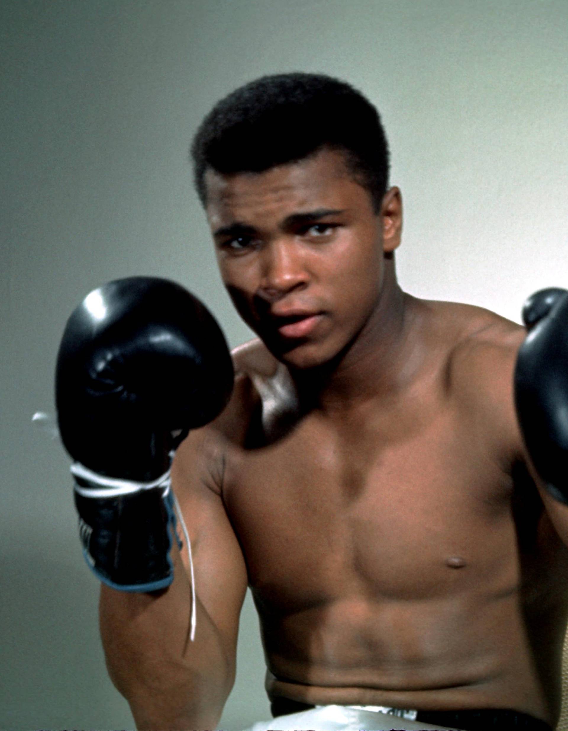 Muhammad Ali poses with gloves in this undated portrait.