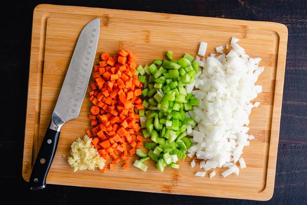Overhead,View,Of,Chopped,Vegetables,On,A,Bamboo,Cutting,Board: