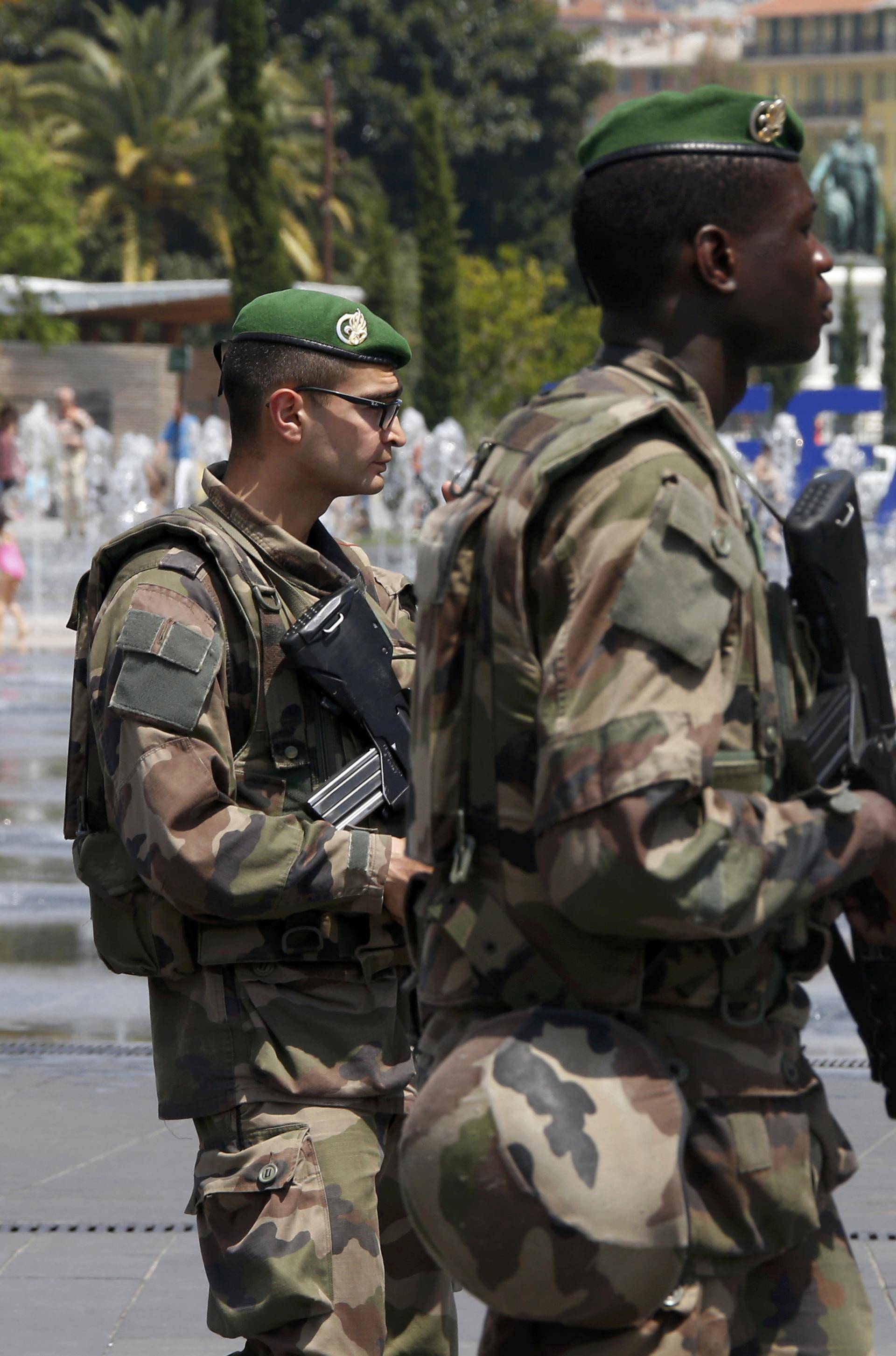 Soldiers patrol ahead of the UEFA 2016 European Championship in Nice