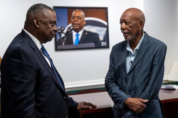 U.S. Secretary of Defense Lloyd Austin Hosts Morgan Freeman for Film Screening