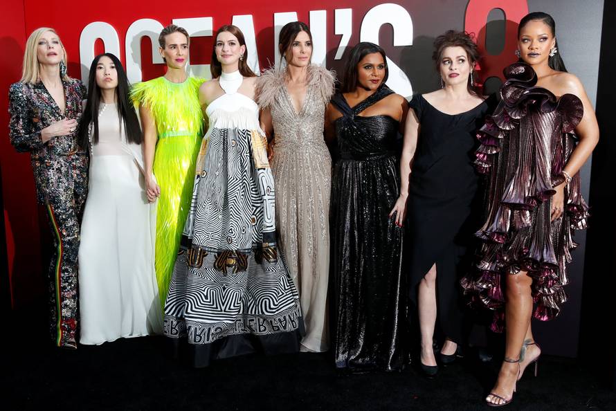 Cast members Blanchett, Awkwafina, Paulson, Hathaway, Bullock, Kaling, Bonham Carter and Rihanna pose at the world premiere of the film "Ocean's 8" at Alice Tully Hall in New York City