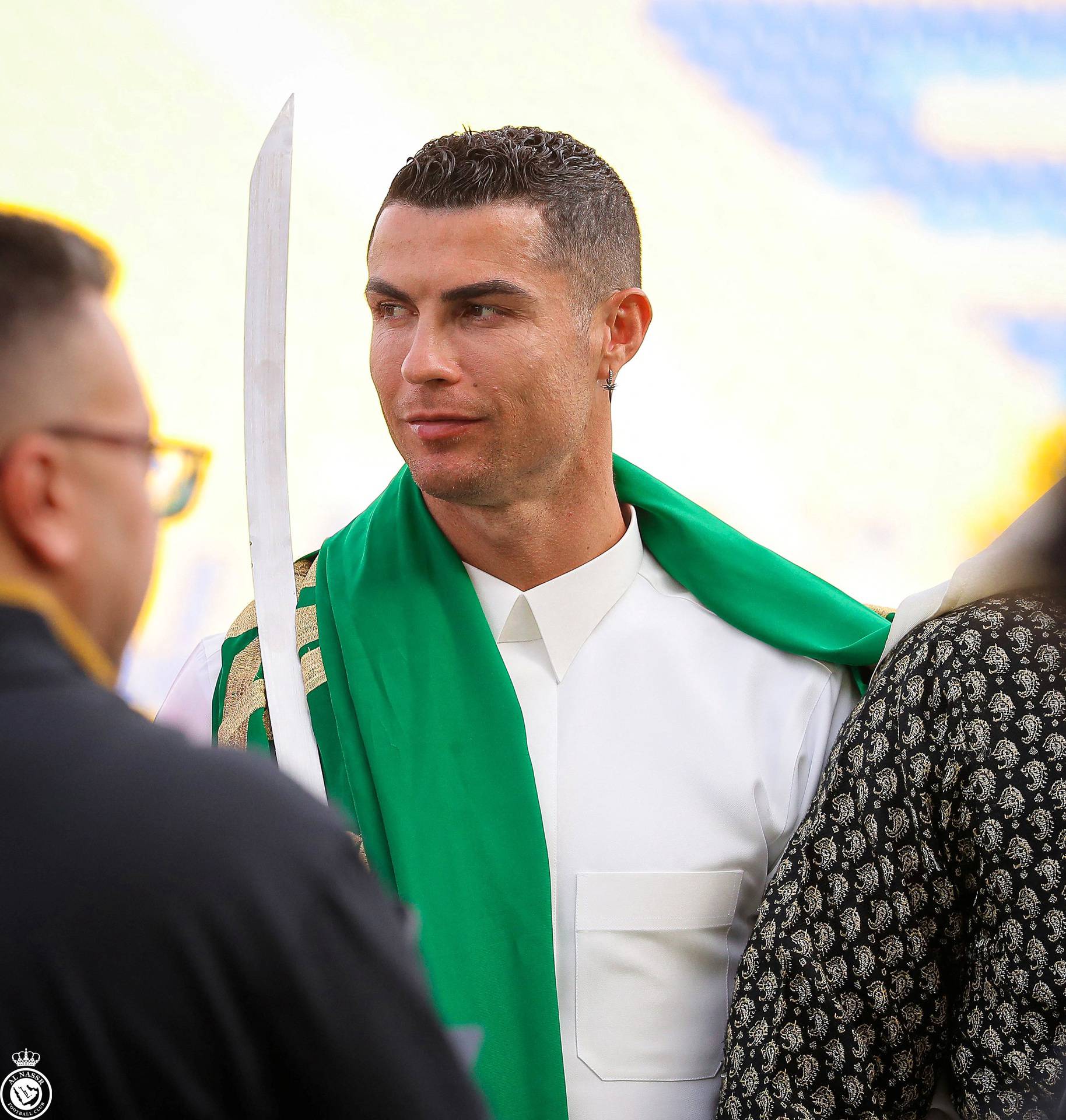 Al-Nassr's Cristiano Ronaldo celebrates Saudi Arabia's Founding Day wearing local traditional clothes at Al-Nassr Football Club in Riyadh, Saudi Arabia