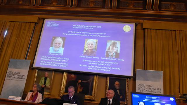 The Nobel Prize laureates for physics 2018 Arthur Ashkin of the United States, Gerard Mourou of France and Donna Strickland of Canada are announced in Stockholm