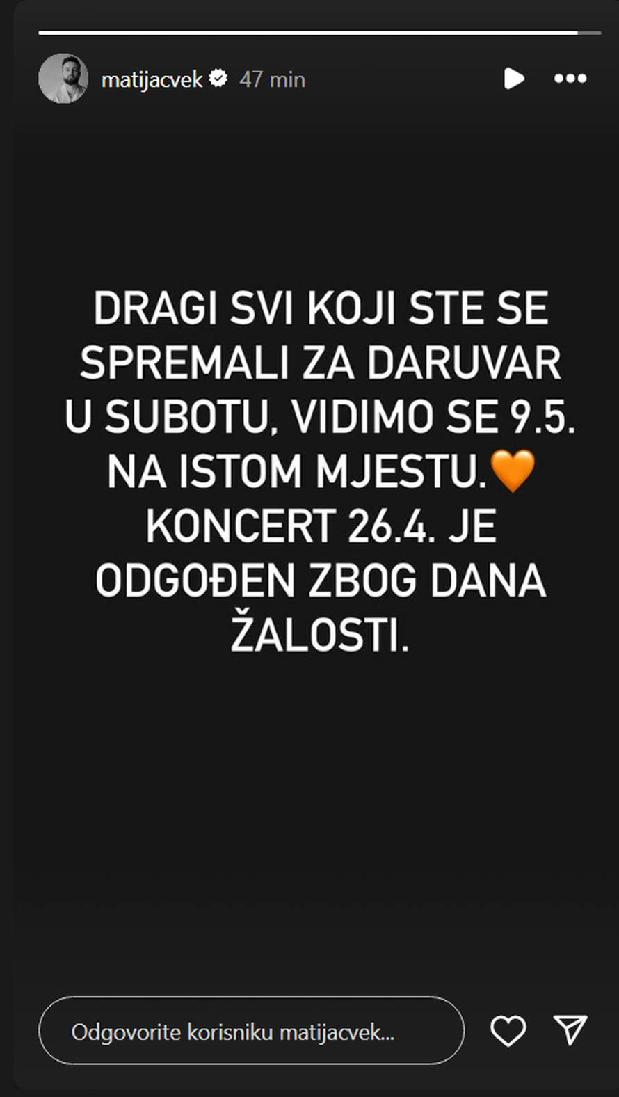 Matija Cvek odgodio je koncert u Daruvaru zbog Dana žalosti