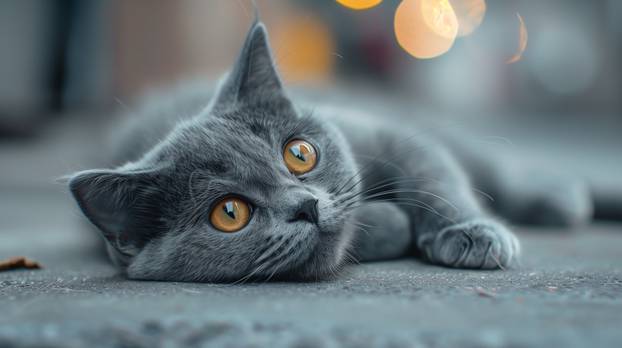 Gray cat with orange eyes relaxing on ground.