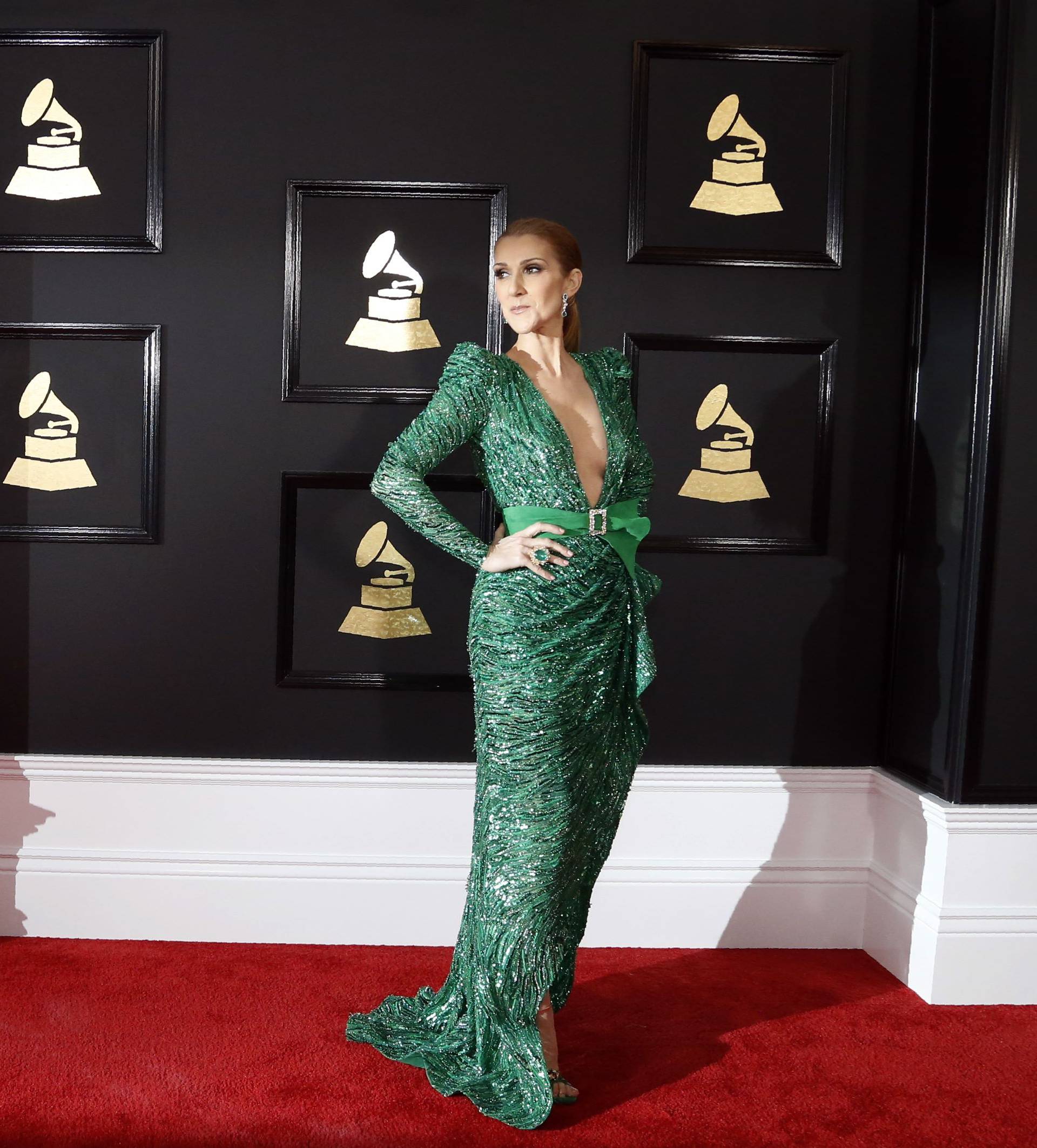 Singer Celine Deon arrives at the 59th Annual Grammy Awards in Los Angeles