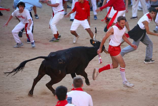 A reveller runs away from a wild cow at the bullring