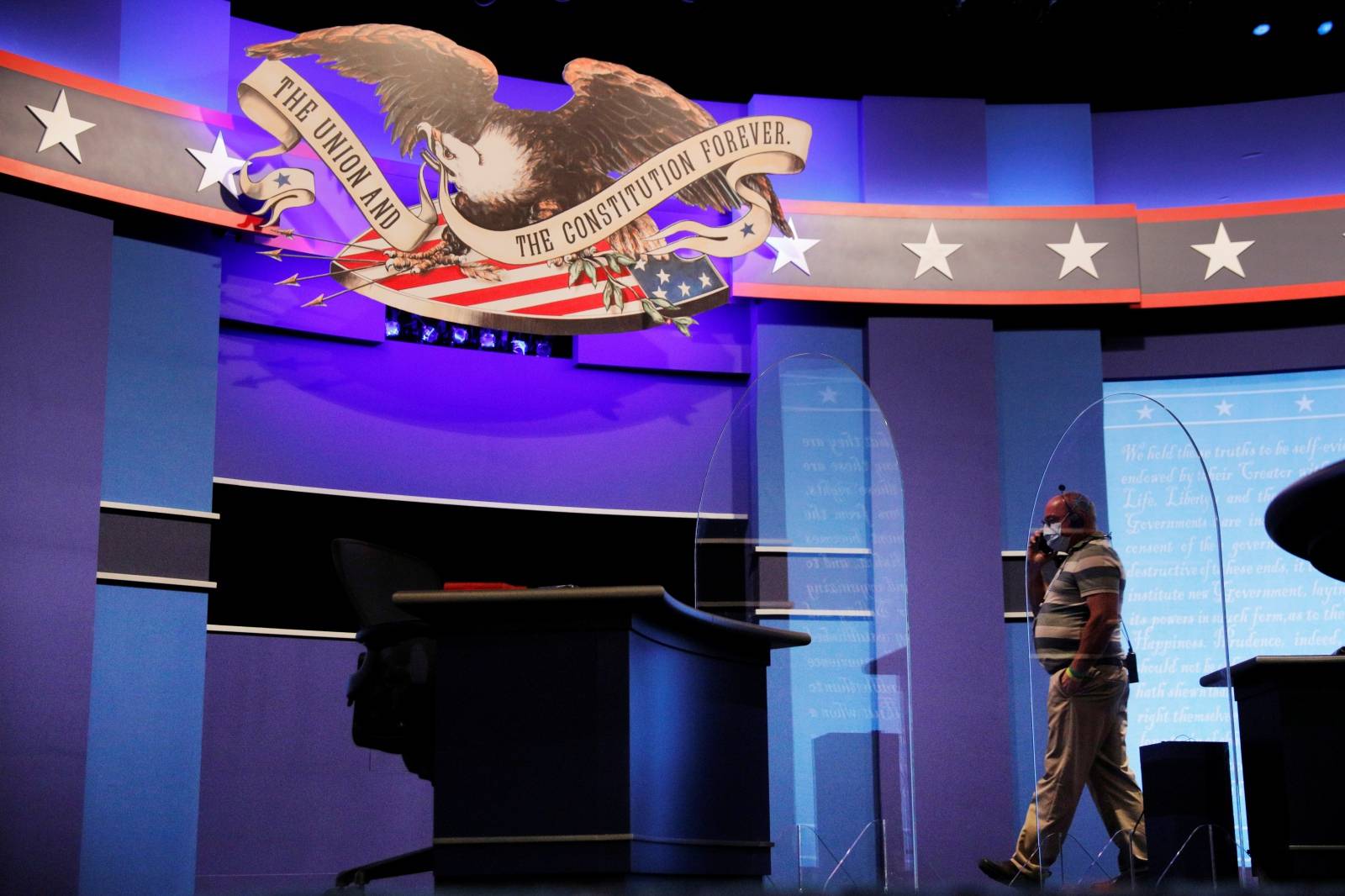 Plexiglass is installed onstage for the vice presidential debate in Salt Lake City