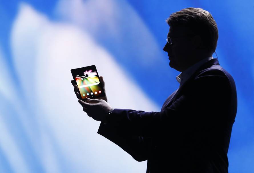 Justin Denison, Samsung Electronics senior vice president of Mobile Product Marketing, speaks during the unveiling of Samsung's new foldable screen smart phone, during the Samsung Developers Conference in San Francisco