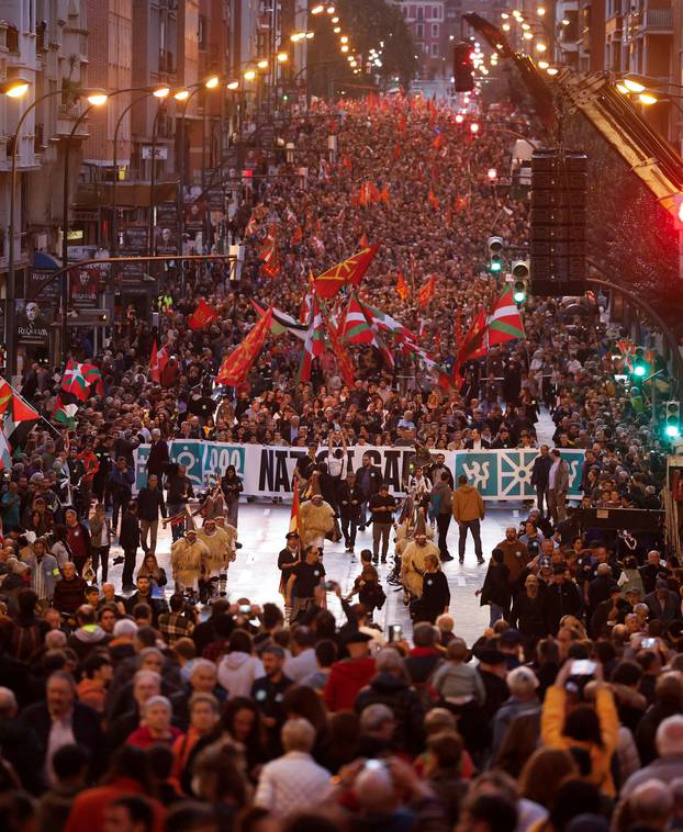 People march behind the slogan "Nazioa gara", 'We are a nation', during a demonstration called by the Basque pro-independence coalition EH Bildu, in Bilbao