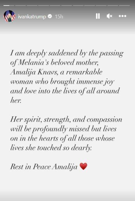 Ivanka Trump potresena je zbog smrti majke Melanije Trump: 'I dalje će živjeti u našim srcima'