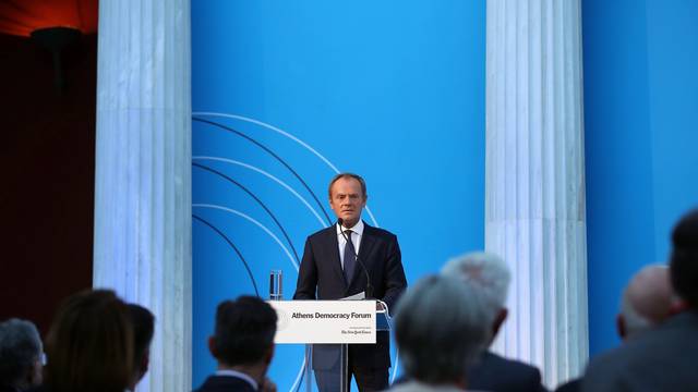 European Council President Donald Tusk delivers a speech at the Athens Democracy Forum in Athens