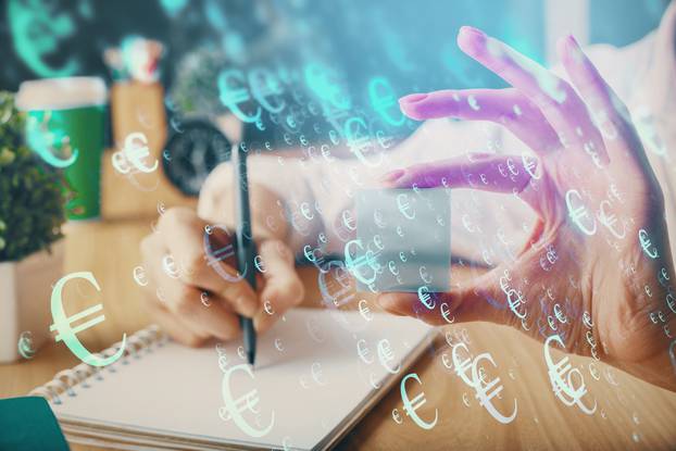 Forex chart displayed on woman's hand taking notes background. Concept of research. Multi exposure