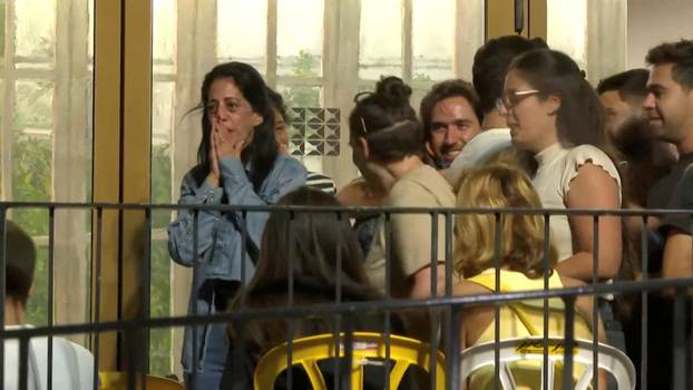 Einav Zangauker, the mother of hostage Matan Zangauker, reacts to news that Israel and Hamas have agreed on Wednesday to the first phase of U.S. President Donald Trump's plan for Gaza, at Hostages Square in Tel Aviv