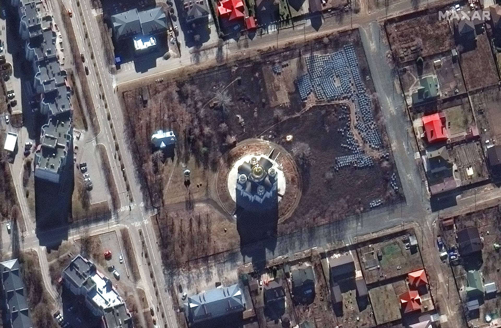 A satellite image shows an overview of the site before excavations behind the Church of St Andrew and Pyervozvannoho All Saints, in Bucha