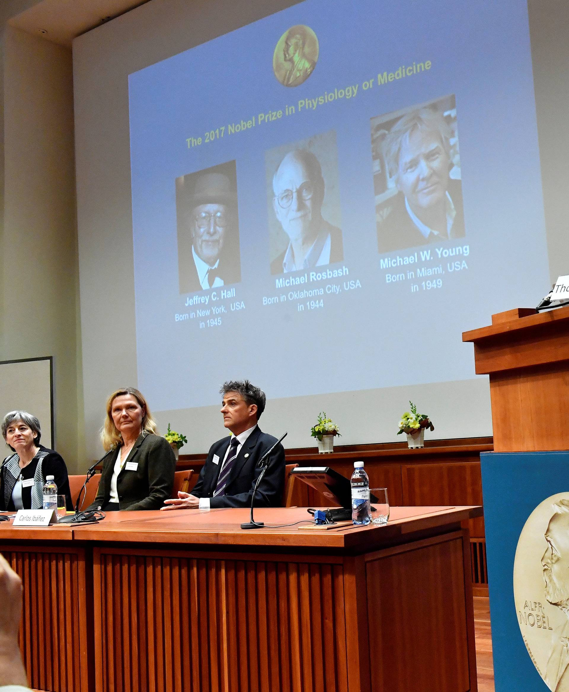 Thomas Perlmann, Secretary of the Nobel Committee for Physiology or Medicine, announces the names of Jeffrey C. Hall, Michael Rosbash and Michael W. Young  as winners of the 2017 Nobel Prize in Physiology or Medicine