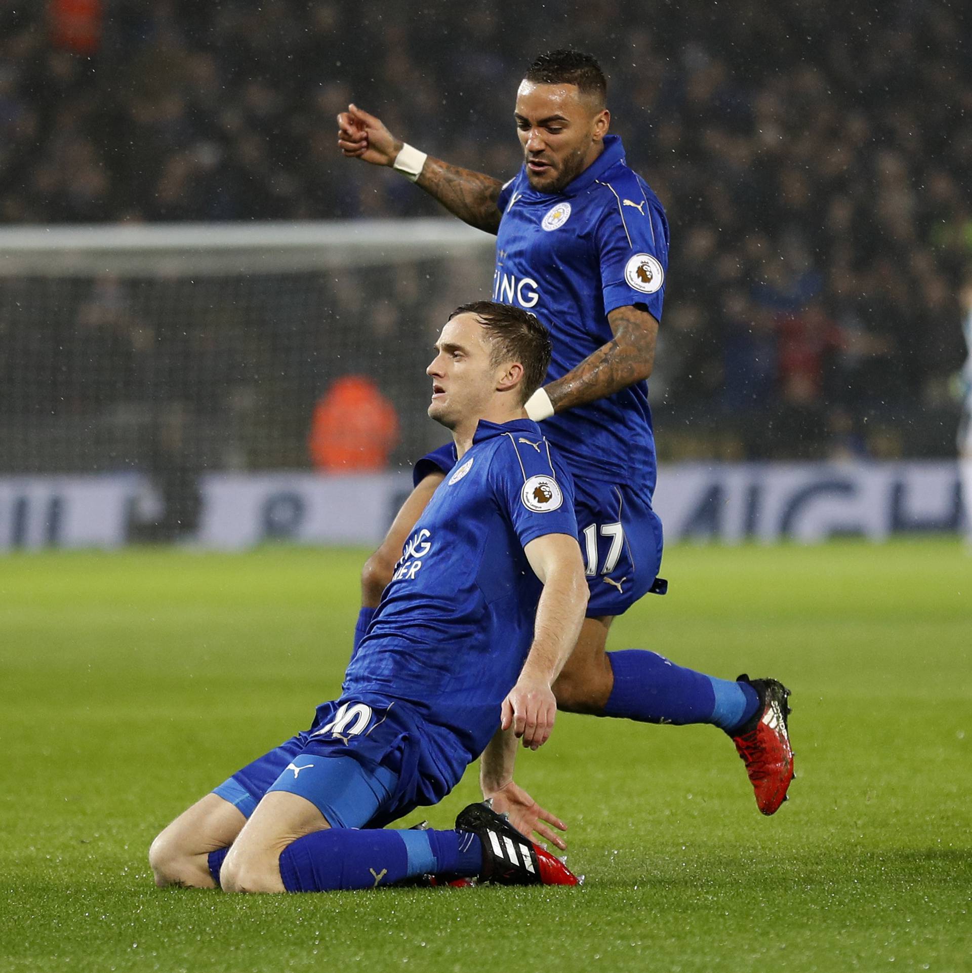 Leicester City's Andy King celebrates scoring their second goal with Danny Simpson