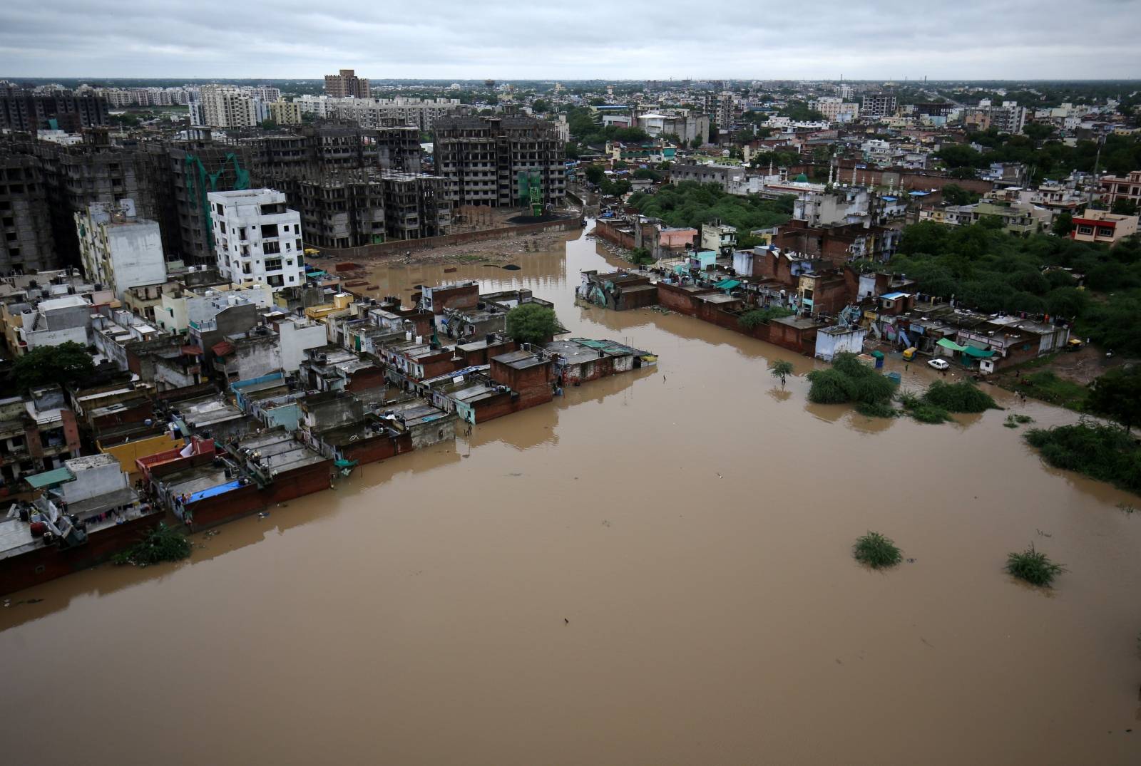 An aerial view shows a flooded residential area after heavy rains in Ahmedabad