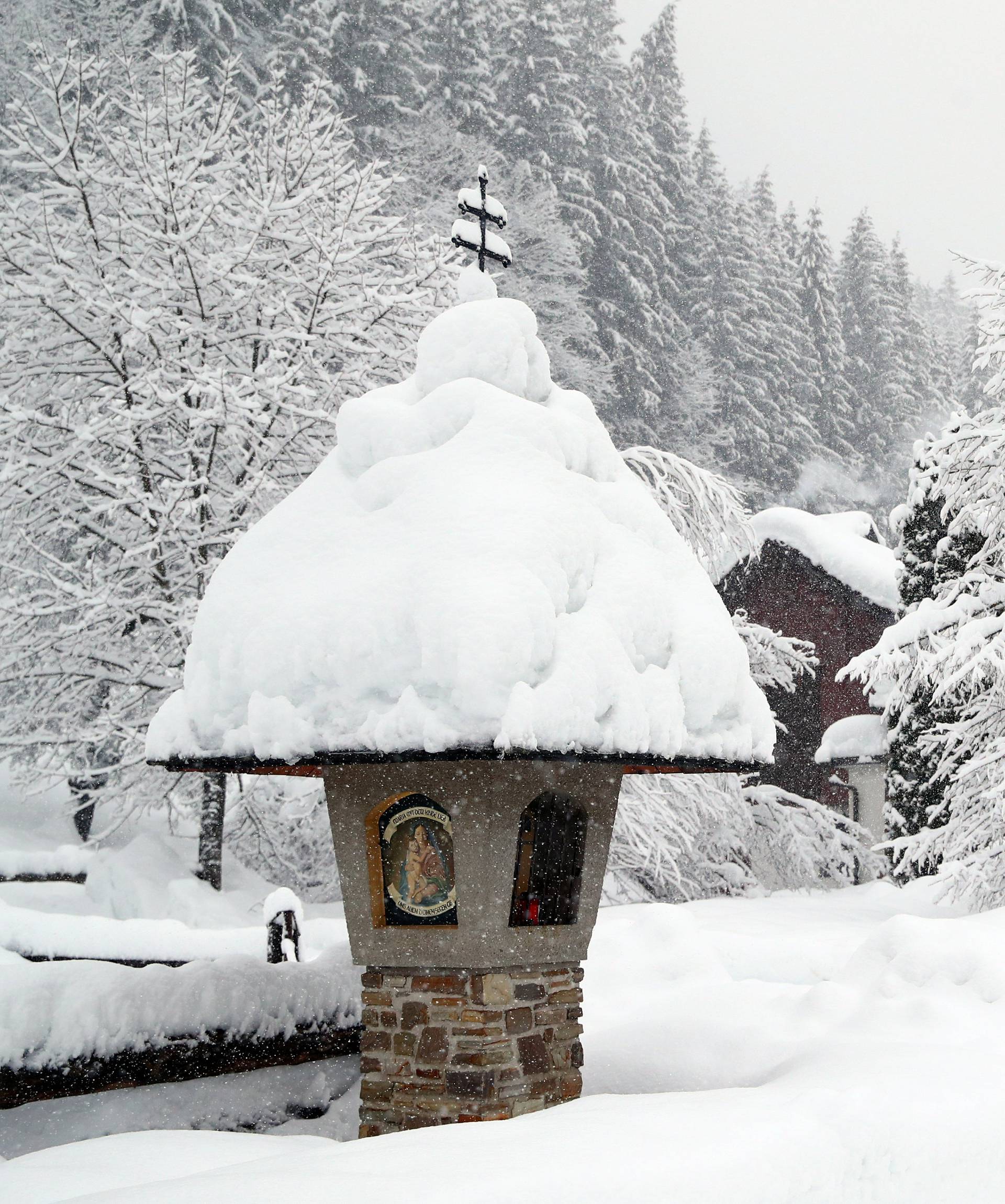 Houses are seen during heavy snowfall near Goestling