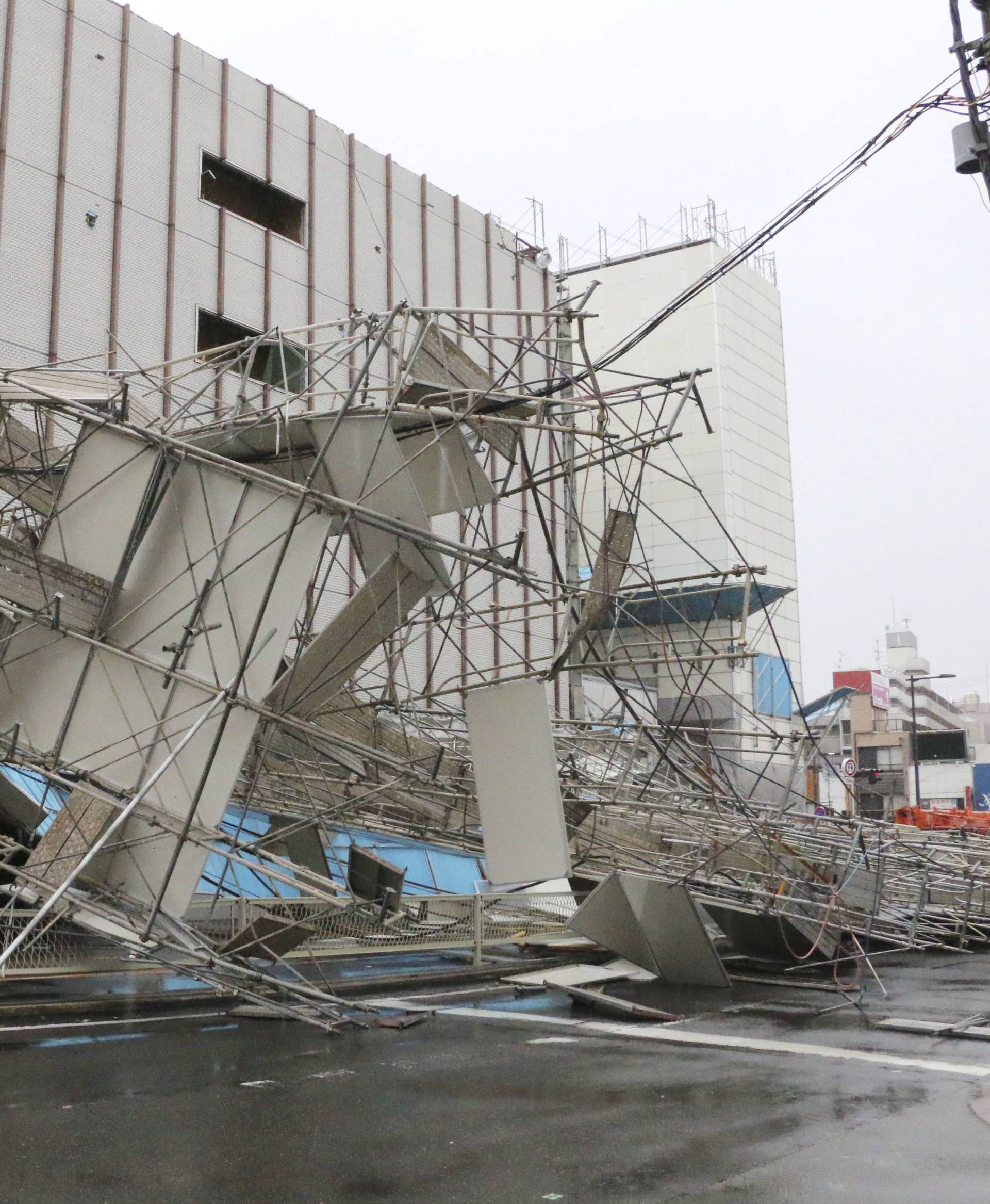 A building damaged by Typhoon Jebi is seen in Osaka