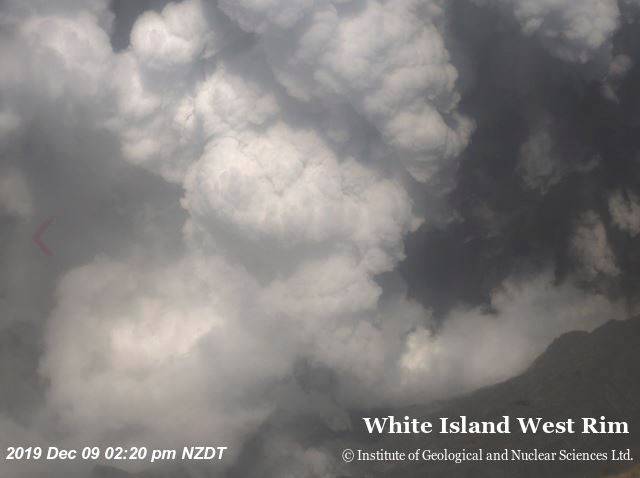 An aeriel view shows smoke bellowing above the crater of Whakaari, also known as White Island, volcano as it erupts in New Zealand