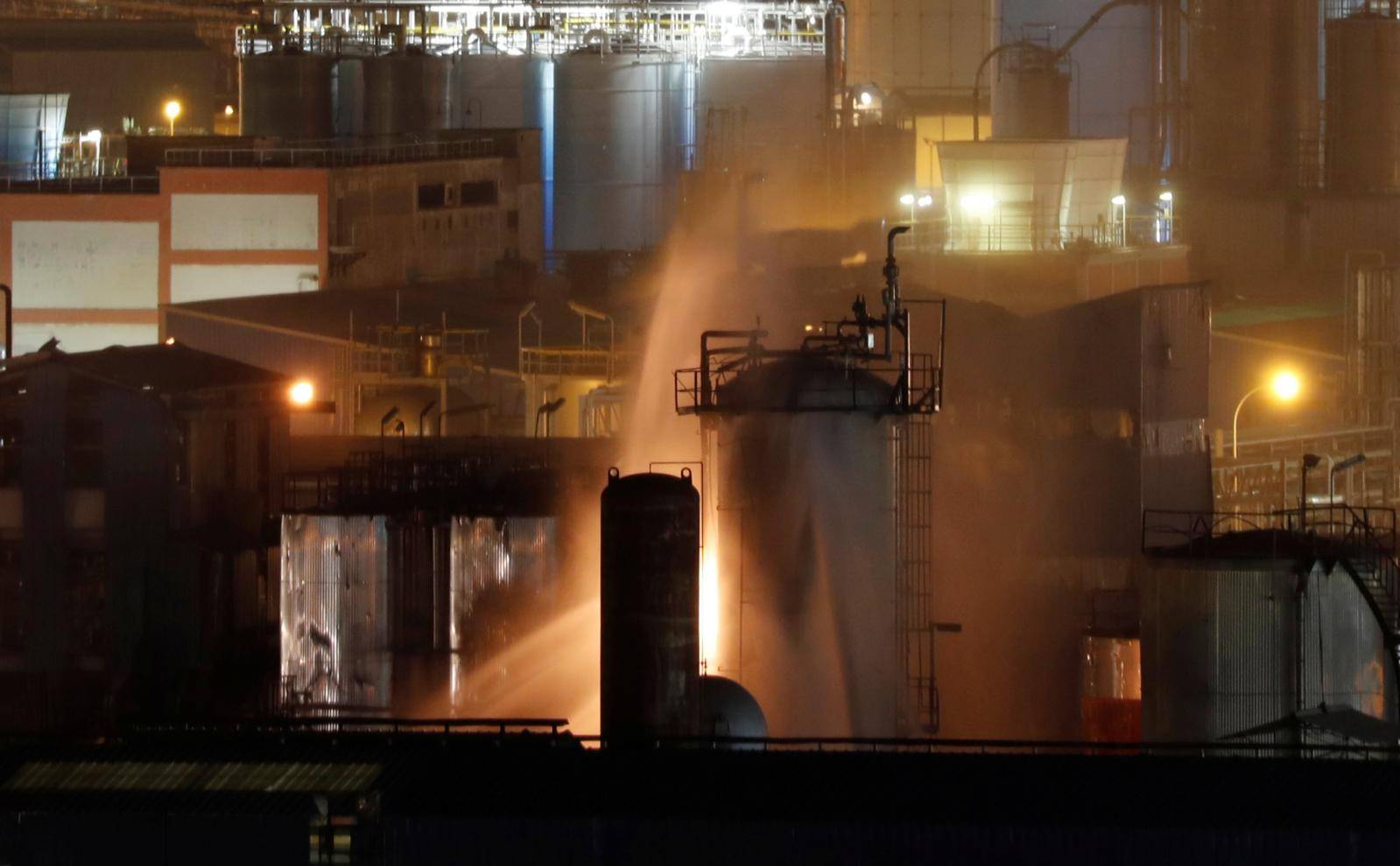 A fire is pictured at a chemical factory after an explosion at the factory in Tarragona