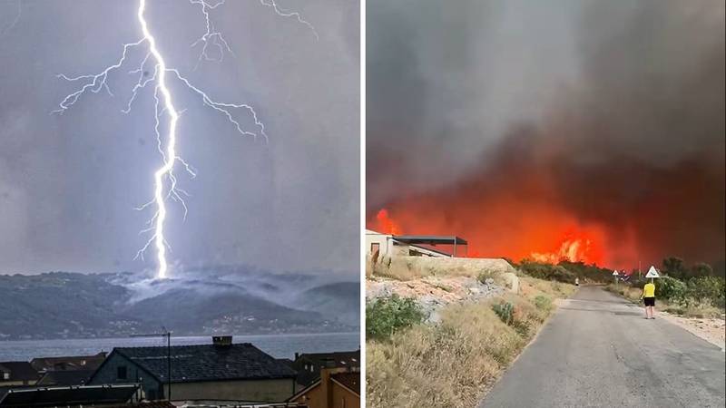 FOTO Veliki požar na Čiovu gase i kanaderi, počela padati i kiša. Snimili udar munje prije požara