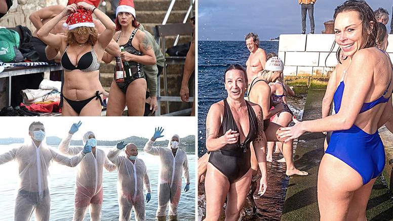 VIDEO Novogodišnje kupanje: Na Bačvicama su igrali picigin, u Šibeniku u more u covid odijelu