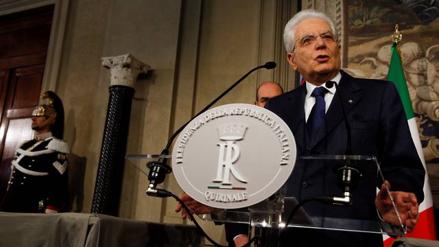 Italian President Sergio Mattarella speaks to the media during the second day of consultations at the Quirinal Palace in Rome