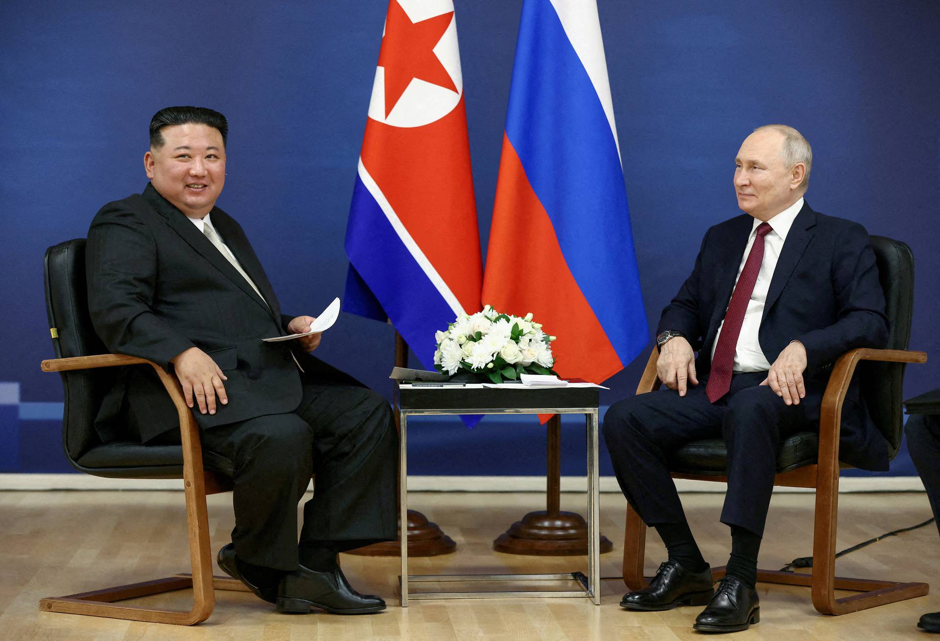 FILE PHOTO: Russia's President Putin and North Korea's leader Kim meet in Amur region