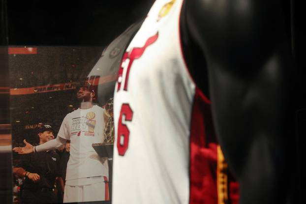 A LeBron James game-worn jersey from the NBA finals 2013 game 7 victory with the Miami Heat, valued an estimated between $3 and $5 million, is seen at Sotheby's in New York City