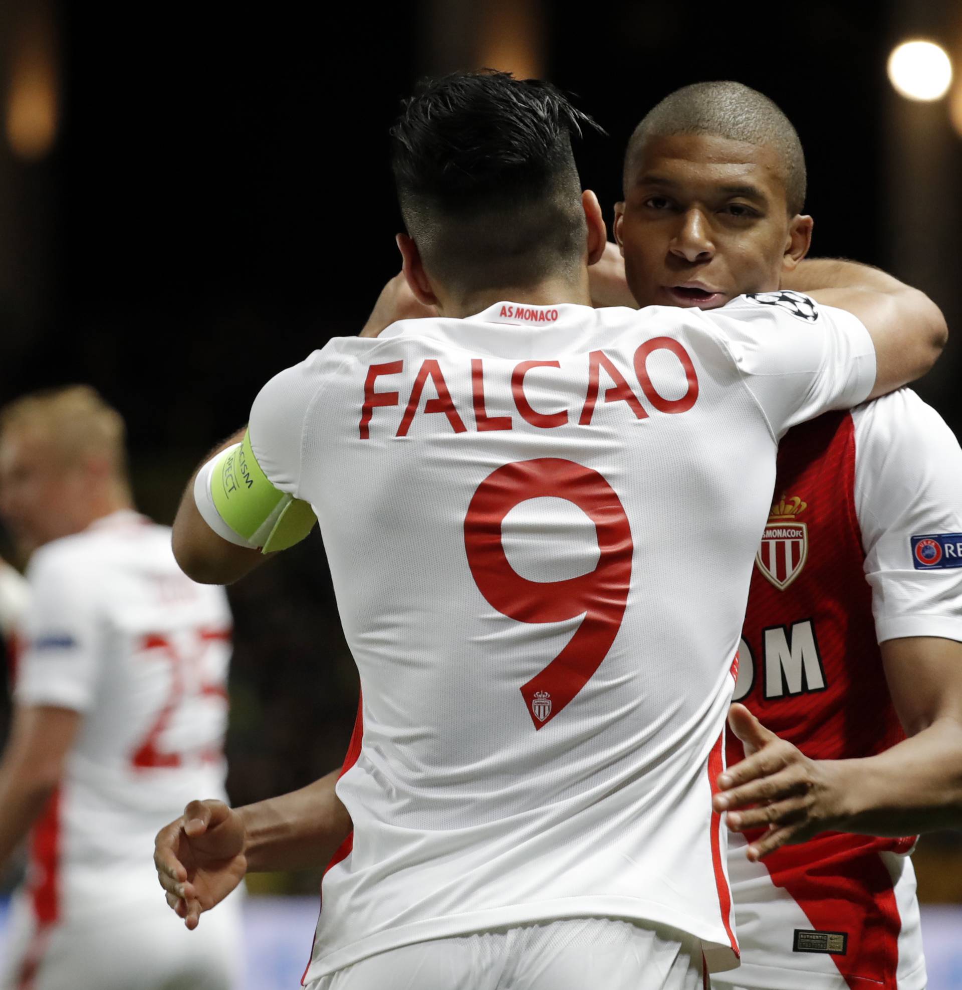 Monaco's Radamel Falcao celebrates scoring their second goal with Kylian Mbappe-Lottin
